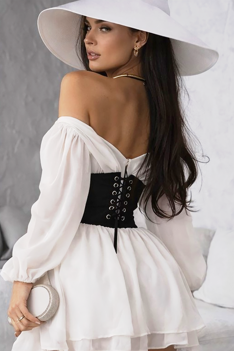 Krótka sukienka z gorsetem, obniżonymi ramionami i zwiewnymi rękawami SOLZIRA, Kolor : ecru, IVET.PL - Modna odzież