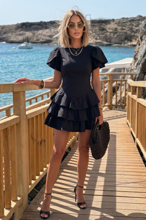 Krótka sukienka z podkreśloną talią i falbankami ZOLVENA BLACK, Kolor : czarny, IVET.PL - Modna odzież