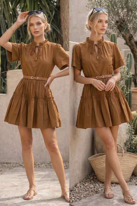 Krótka rozkloszowana sukienka z efektownymi falbanami AXIMENA BROWN, Kolor : brązowy, IVET.PL - Modna odzież