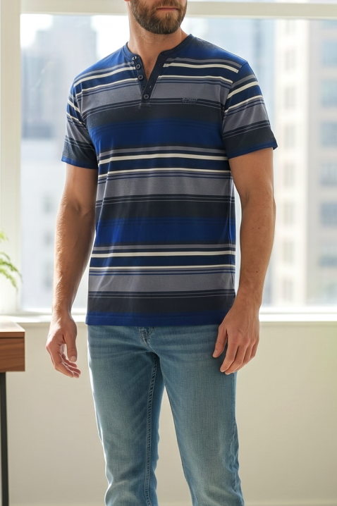 Klasyczna męska koszulka w paski z krótkim rękawem BLUFEGO, Kolor : chabrowy, IVET.PL - Modna odzież