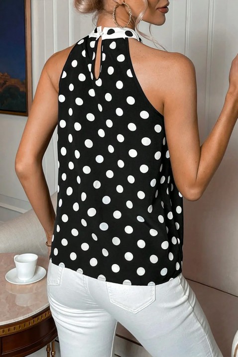 Elegancki top w groszki z dekoltem typu halter, wstążką i efektownym tyłem LORMIRA, Kolor : czarny z białym, IVET.PL - Modna odzież