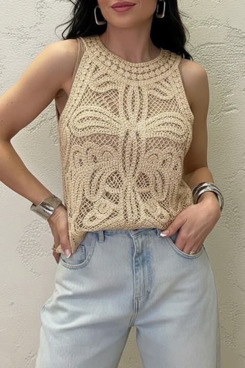 Ażurowy top z dzianiny w kwiaty w stylu boho VAMZERA BEIGE, Kolor :  beżowy, IVET.PL - Modna odzież