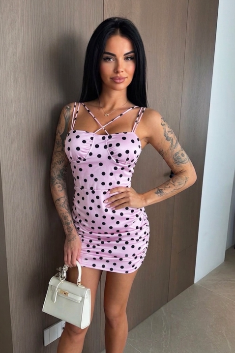 Dopasowana sukienka mini damska w groszki z efektownymi ramiączkami ZANMIRA PINK, Kolor : różowy, IVET.PL - Modna odzież