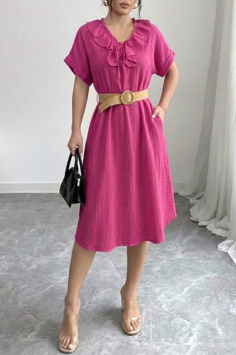 Efektowna sukienka midi z falbankami i kołnierzykiem VIREMORA FUCHSIA, Kolor : fioletowy, IVET.PL - Modna odzież