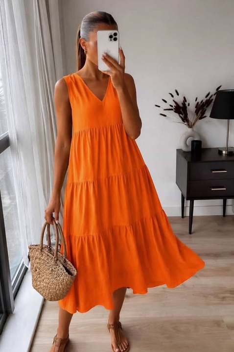 Zwiewna damska sukienka midi letnia z dekoltem V-neck VELRINA ORANGE, Kolor : pomarańczowy, IVET.PL - Modna odzież