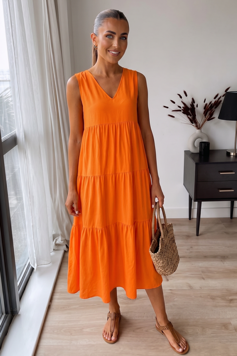 Zwiewna damska sukienka midi letnia z dekoltem V-neck VELRINA ORANGE, Kolor : pomarańczowy, IVET.PL - Modna odzież