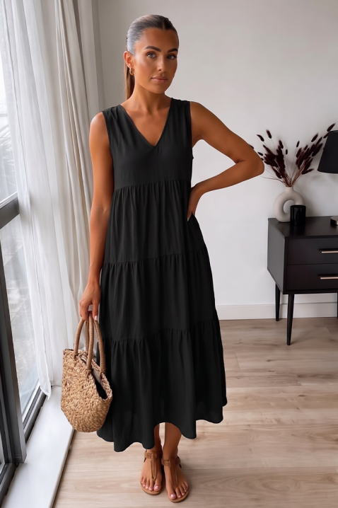 Zwiewna damska sukienka midi na lato z dekoltem V-neck VELRINA BLACK, Kolor : czarny, IVET.PL - Modna odzież