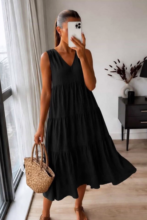 Zwiewna damska sukienka midi na lato z dekoltem V-neck VELRINA BLACK, Kolor : czarny, IVET.PL - Modna odzież