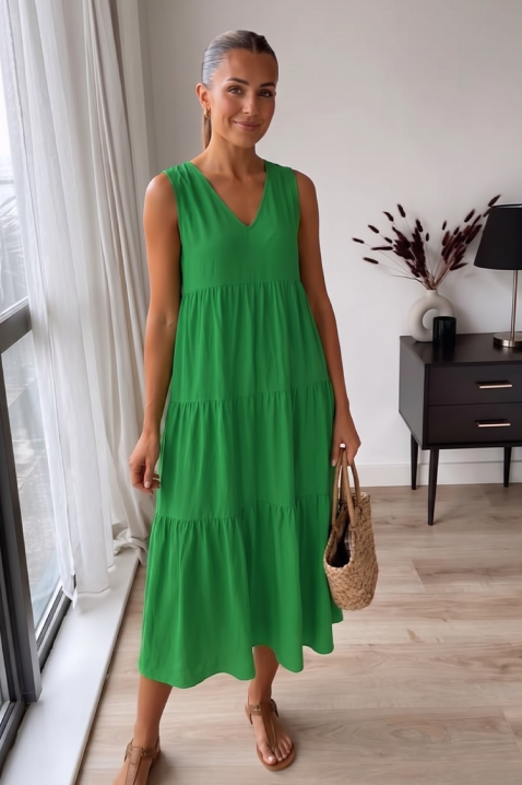 Zwiewna damska sukienka midi na lato z dekoltem V-neck VELRINA GREEN, Kolor : zielony, IVET.PL - Modna odzież