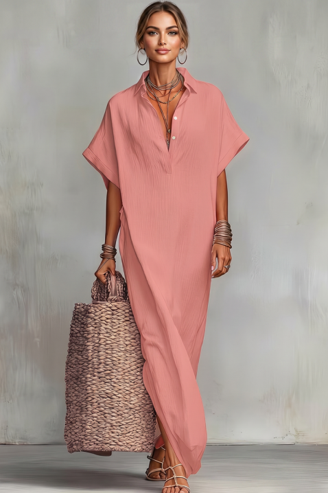 Lniana sukienka z dekoltem V-neck JADANA PINK, Kolor : różowy, IVET.PL - Modna odzież