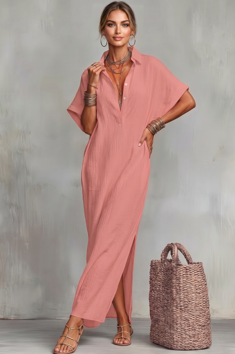 Lniana sukienka z dekoltem V-neck JADANA PINK, Kolor : różowy, IVET.PL - Modna odzież
