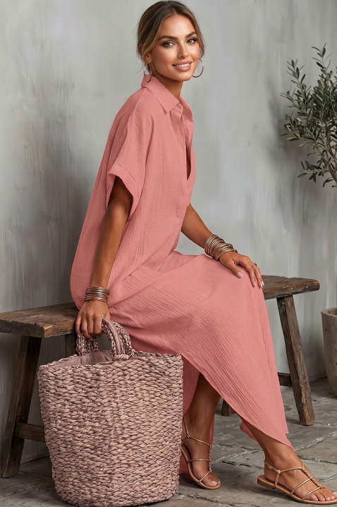 Lniana sukienka z dekoltem V-neck JADANA PINK, Kolor : różowy, IVET.PL - Modna odzież