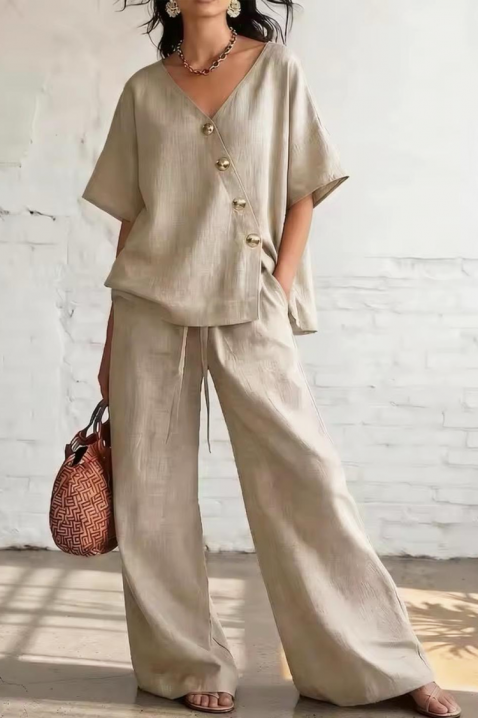 Lniany komplet z asymetryczną górą i szerokimi spodniami SELENE BEIGE, Kolor :  beżowy, IVET.PL - Modna odzież