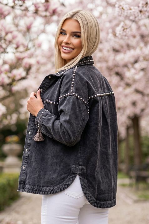 Koszula damska oversize jeansowa z oczkami SAFITRI BLACK, Kolor : czarny, IVET.PL - Modna odzież