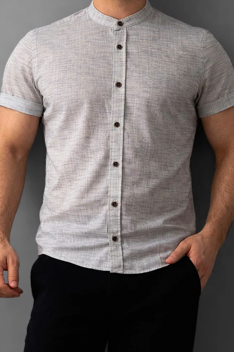 Męska lniana koszula z krótkim rękawem i kołnierzykiem Mao BROOKLYN GREY, Kolor : szary, IVET.PL - Modna odzież