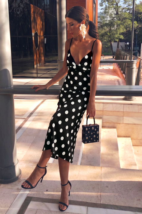 Sukienka midi w groszki na cienkich ramiączkach EULOGIA BLACK, Kolor : czarny z białym, IVET.PL - Modna odzież