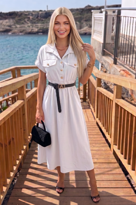 Letnia sukienka midi safari z guzikami i paskiem SAFARINA WHITE, Kolor : biały, IVET.PL - Modna odzież