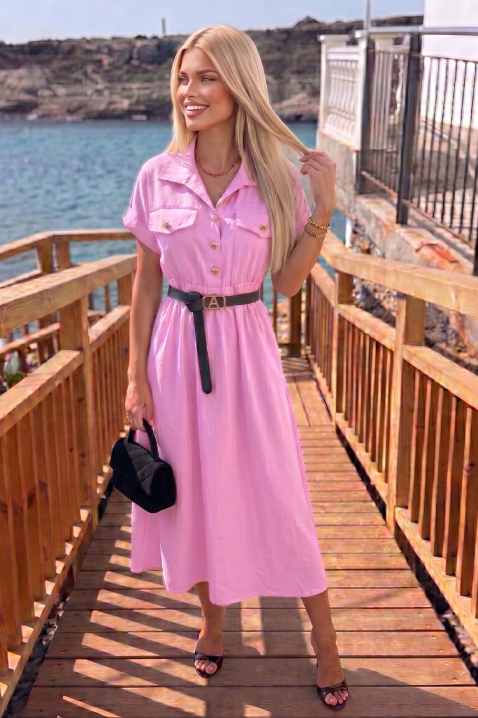 Letnia sukienka midi w stylu safari z guzikami i paskiem SAFARINA PINK, Kolor : różowy, IVET.PL - Modna odzież