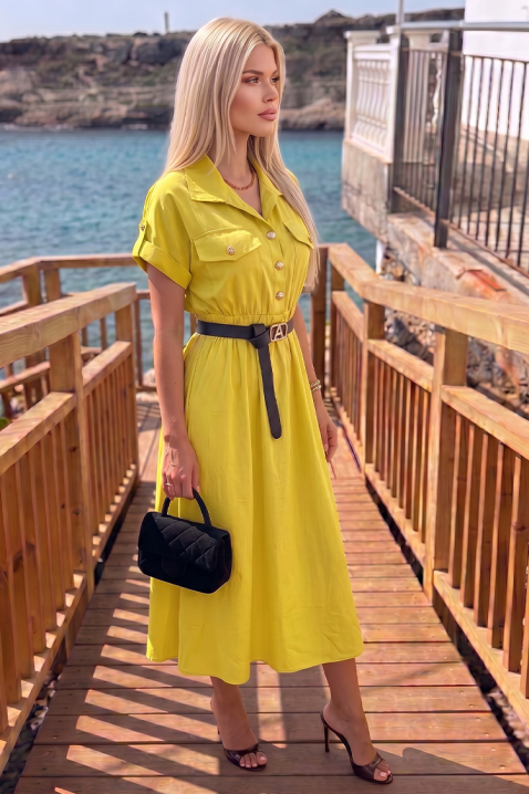 Letnia sukienka midi w stylu safari z guzikami i paskiem SAFARINA YELLOW, Kolor : żółty, IVET.PL - Modna odzież
