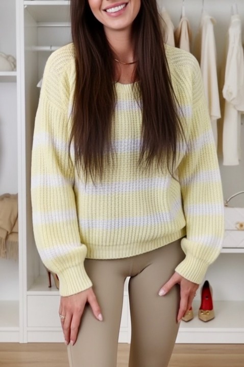 Sweter damski dzianinowy w paski i luźny krój ZOLRORA YELLOW, Kolor : żółty, IVET.PL - Modna odzież