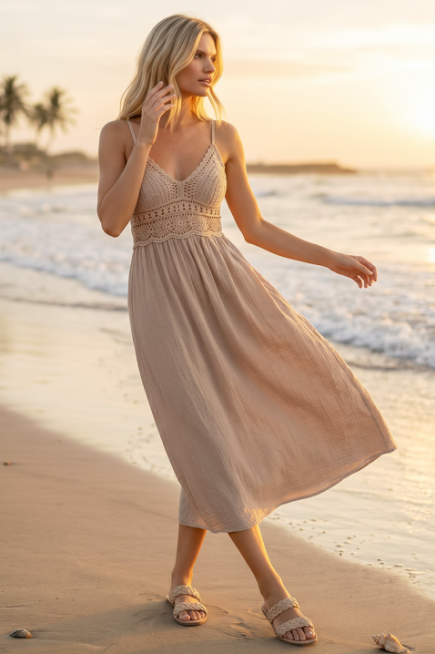 Letnia sukienka midi w stylu boho z dzianinowym gorsetem SOLANIA BEIGE, Kolor :  beżowy, IVET.PL - Modna odzież