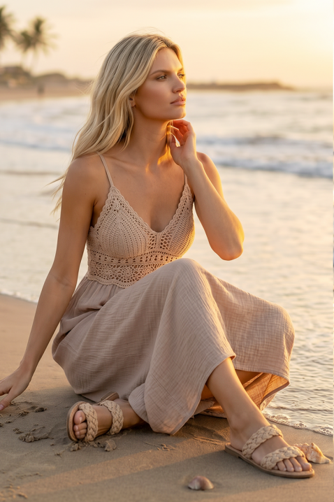Letnia sukienka midi w stylu boho z dzianinowym gorsetem SOLANIA BEIGE, Kolor :  beżowy, IVET.PL - Modna odzież
