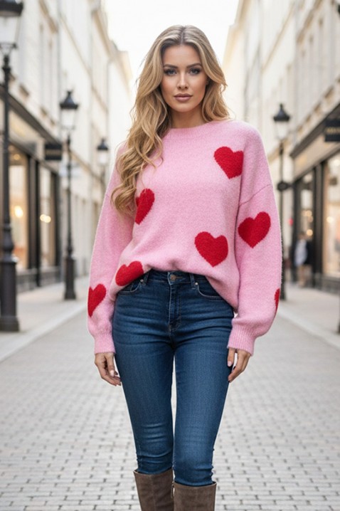 Sweter damski dzianinowy w serduszka VILERIA PINK, Kolor : różowy, IVET.PL - Modna odzież