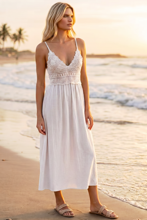Letnia sukienka midi w stylu boho z dzianinowym gorsetem SOLANIA WHITE, Kolor : biały, IVET.PL - Modna odzież