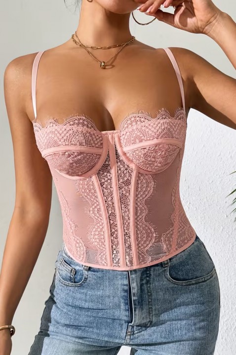 Gorset damski z delikatnej koronki i cienkimi ramiączkami KROELIA PINK, Kolor : różowy, IVET.PL - Modna odzież