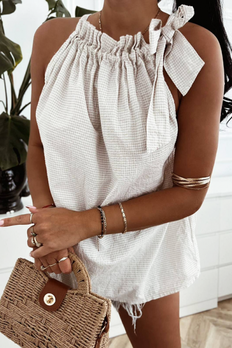 Damski top w kratę z efektowną wstążką MAYOLINA BEIGE, Kolor :  beżowy, IVET.PL - Modna odzież