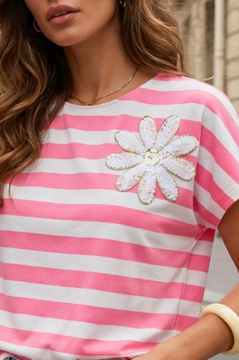 Stylowy damski T-shirt w paski z ozdobnym kwiatem JENOVEZE PINK, Kolor : różowy, IVET.PL - Modna odzież