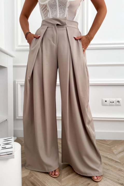 Eleganckie spodnie damskie z wysokim stanem i szerokimi nogawkami JOLYNE BEIGE, Kolor :  beżowy, IVET.PL - Modna odzież