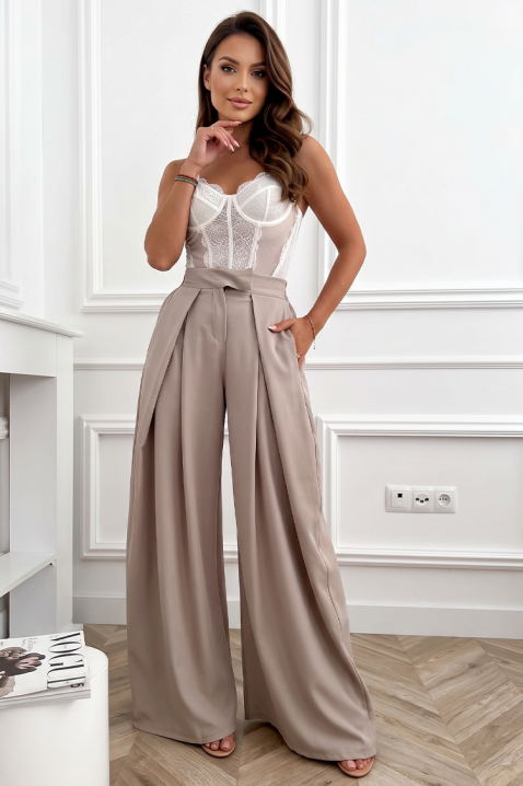 Eleganckie spodnie damskie z wysokim stanem i szerokimi nogawkami JOLYNE BEIGE, Kolor :  beżowy, IVET.PL - Modna odzież