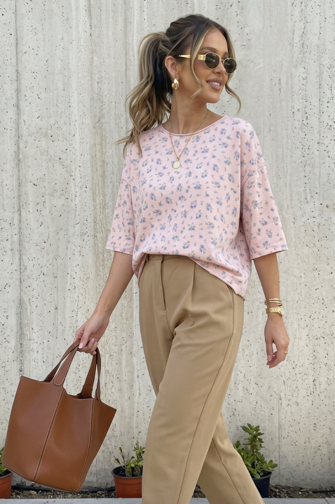 Bluzka damska z nadrukiem kwiatowym i luźnym krojem VELIMINA PINK, Kolor : różowy, IVET.PL - Modna odzież