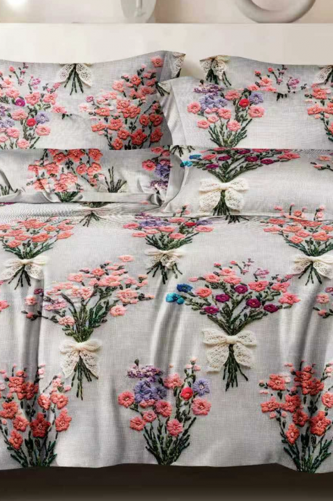 Stylowy, czteroczęściowy zestaw sypialniany z motywem kwiatowym NESIMA 200x220 cm, Kolor : wielokolorowy, IVET.PL - Modna odzież