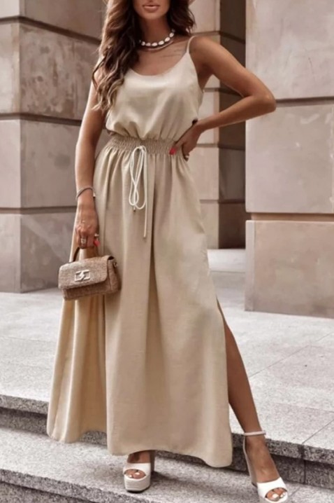 Długa letnia sukienka na cienkich ramiączkach NIKOLEA BEIGE, Kolor :  beżowy, IVET.PL - Modna odzież