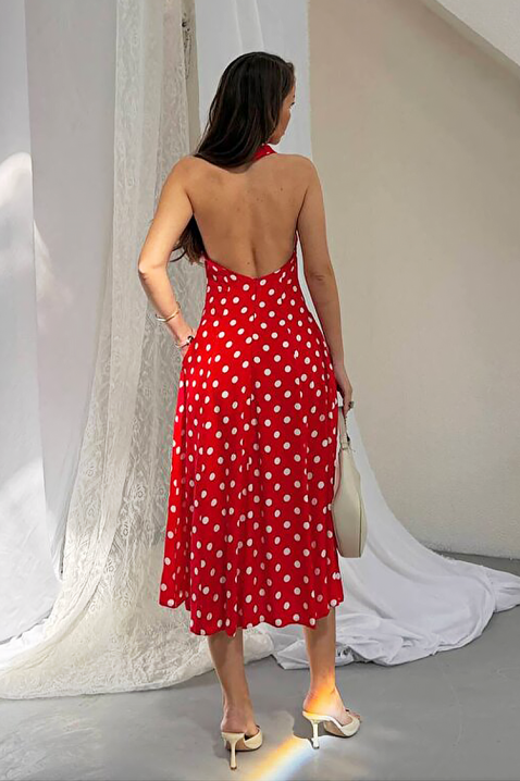 Damska sukienka midi w groszki z odkrytymi plecami i eleganckim krojem NOVENTRA RED, Kolor : czerwony, IVET.PL - Modna odzież