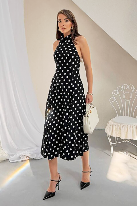 Damska sukienka midi w groszki z odkrytymi plecami i eleganckim krojem NOVENTRA BLACK, Kolor : czarny, IVET.PL - Modna odzież