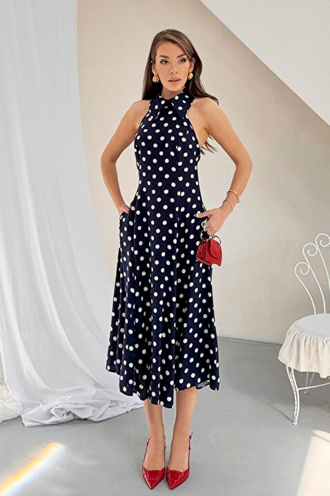Damska sukienka midi w groszki z odkrytymi plecami i eleganckim krojem NOVENTRA NAVY, Kolor : granatowy, IVET.PL - Modna odzież