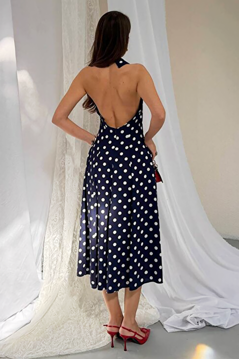 Damska sukienka midi w groszki z odkrytymi plecami i eleganckim krojem NOVENTRA NAVY, Kolor : granatowy, IVET.PL - Modna odzież