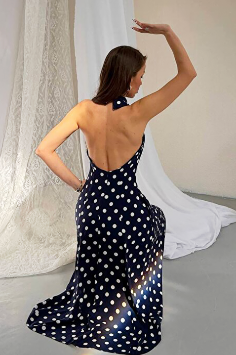 Damska sukienka midi w groszki z odkrytymi plecami i eleganckim krojem NOVENTRA NAVY, Kolor : granatowy, IVET.PL - Modna odzież