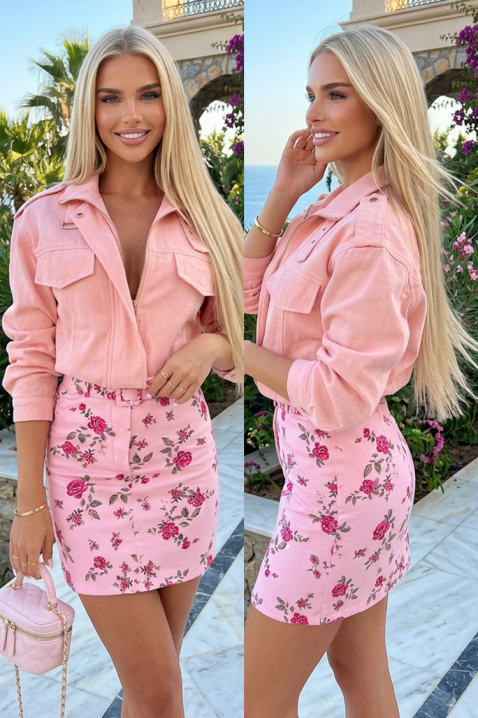 Damski zestaw casualowy z koszulą i spódnicą w kwiatowy wzór NORALISA PINK, Kolor : różowy, IVET.PL - Modna odzież