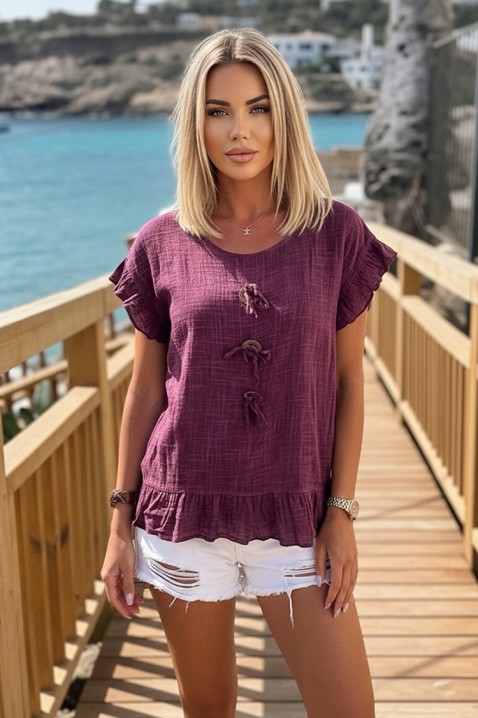 Bluzka z ozdobnymi wiązaniami, falbankami i zwiewnym, boho lookiem DORINZA RASPBERRY, Kolor : malinowy, IVET.PL - Modna odzież
