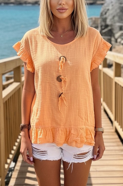 Bluzka z ozdobnymi wiązaniami, falbankami i zwiewnym stylem boho DORINZA ORANGE, Kolor : pomarańczowy, IVET.PL - Modna odzież
