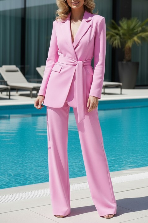 Elegancki komplet damski z marynarką z paskiem i szerokimi spodniami CALIMA PINK, Kolor : różowy, IVET.PL - Modna odzież