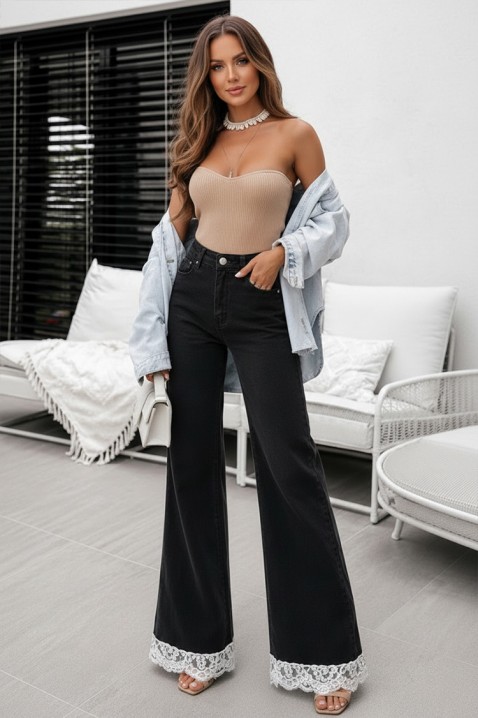 Stylowe damskie jeansy z eleganckim koronkowym akcentem KAREINA BLACK, Kolor : czarny, IVET.PL - Modna odzież