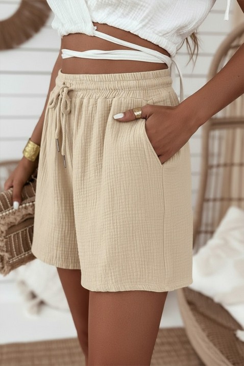Luźne szorty damskie z gumką w pasie i ściągaczami LUNIETA BEIGE, Kolor :  beżowy, IVET.PL - Modna odzież