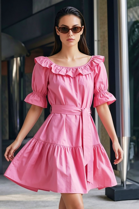 Romantyczna krótka sukienka z falbankami i paskiem AMARISIA PINK, Kolor : różowy, IVET.PL - Modna odzież