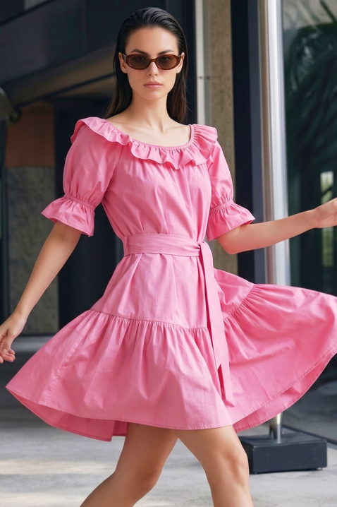 Romantyczna krótka sukienka z falbankami i paskiem AMARISIA PINK, Kolor : różowy, IVET.PL - Modna odzież