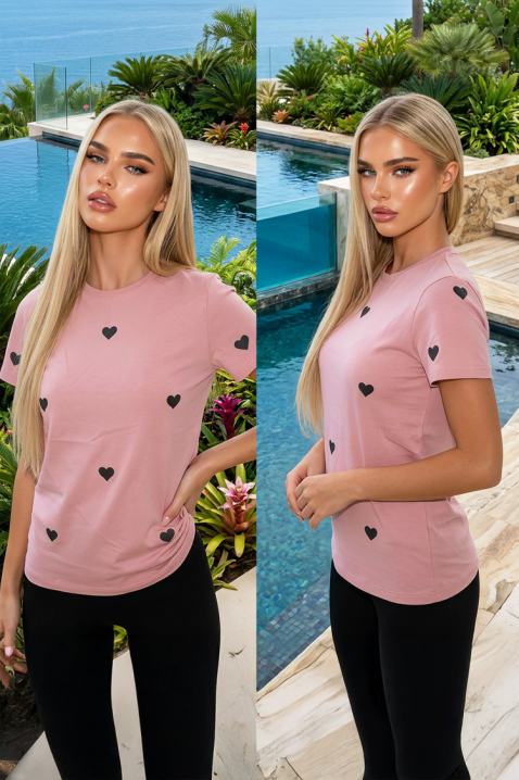 Bawełniany damski T-shirt z wzorem w serduszka VALKYRIA PUDRA, Kolor : pudrowy róż, IVET.PL - Modna odzież